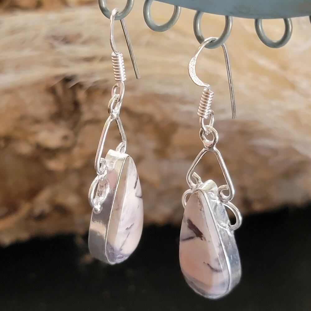 Sterling Silver Marble Teardrop Dangle Earrings Handmade 1.44 Inch Stone Drops - Picture 5 of 9